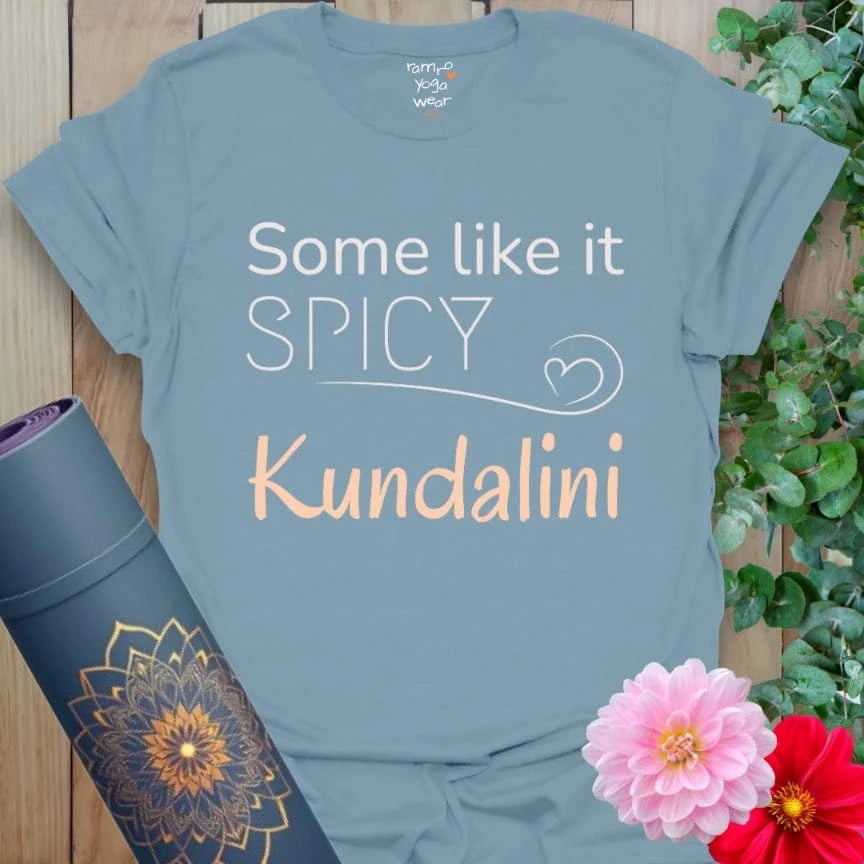Stone Blue Kundalini T-Shirt with stylized text in peach and white. Kundalini-inspired yoga tee for everyday wear.