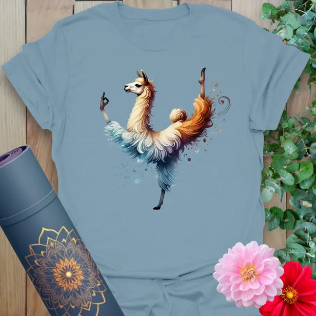 Muted stone blue yoga t-shirt with fun yoga llama design for light-hearted, mindful adventurers and conscious souls.