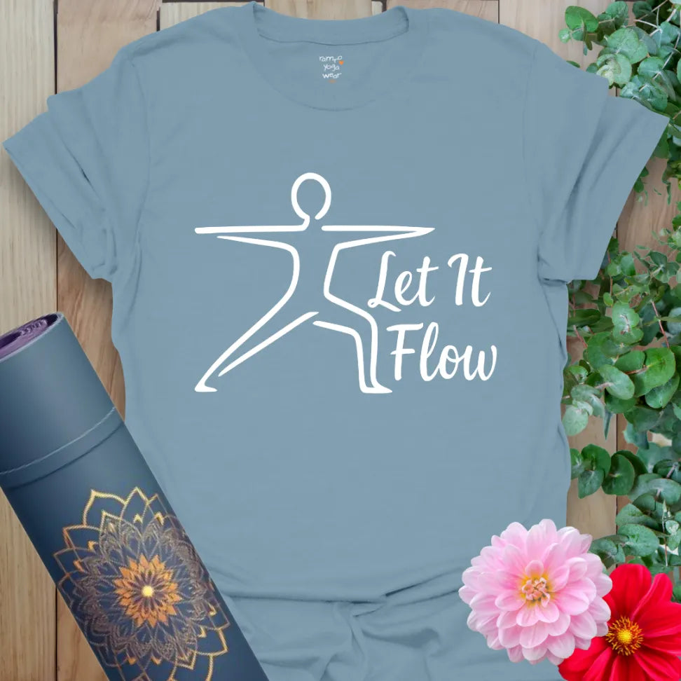 Muted stone blue yoga t-shirt featuring graceful warrior artwork and "Let It Flow" mindful living affirmation.