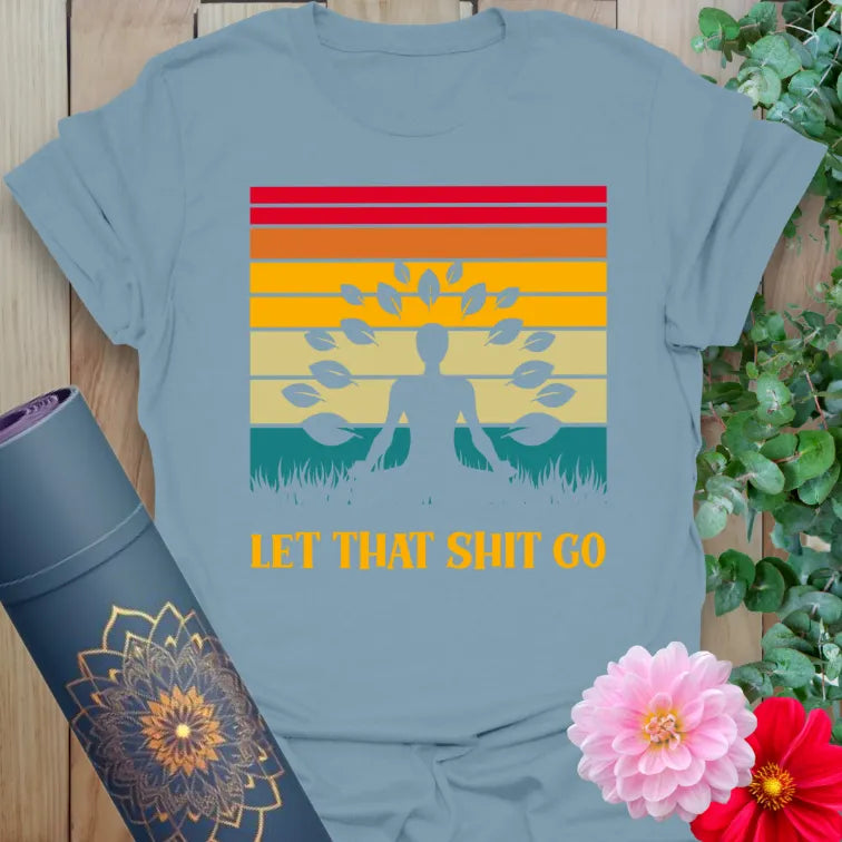 Muted stone blue yoga t-shirt with bold retro sunset and soulful humor message perfect for yoga lovers and conscious seekers.