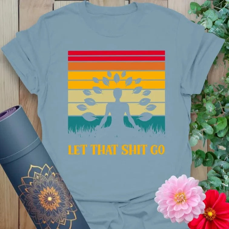 Muted stone blue yoga t-shirt with bold retro sunset and soulful humor message perfect for yoga lovers and conscious seekers.