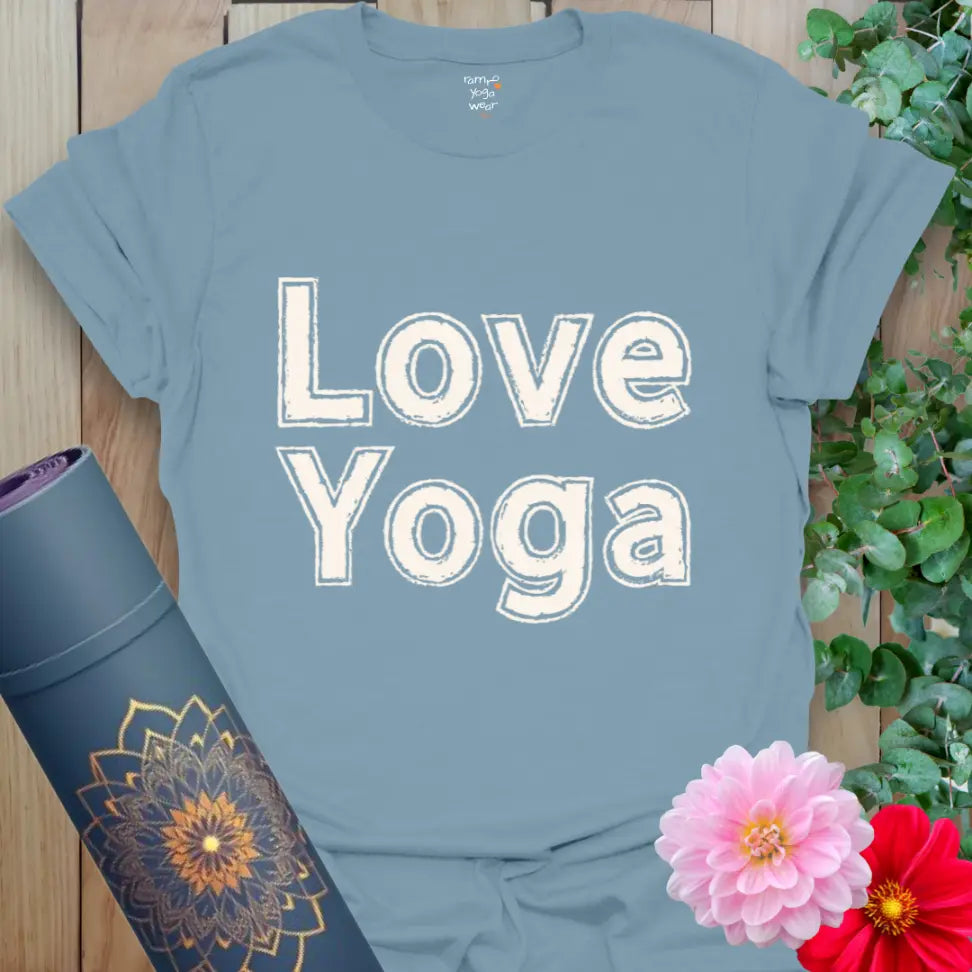 Stone Blue Love Yoga T-Shirt with distressed graphic text, comfy cotton for yoga lovers.