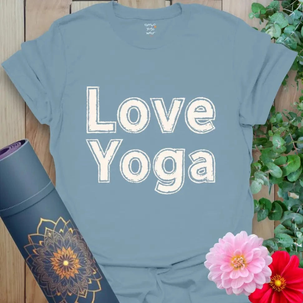 Stone Blue Love Yoga T-Shirt with distressed graphic text, comfy cotton for yoga lovers.