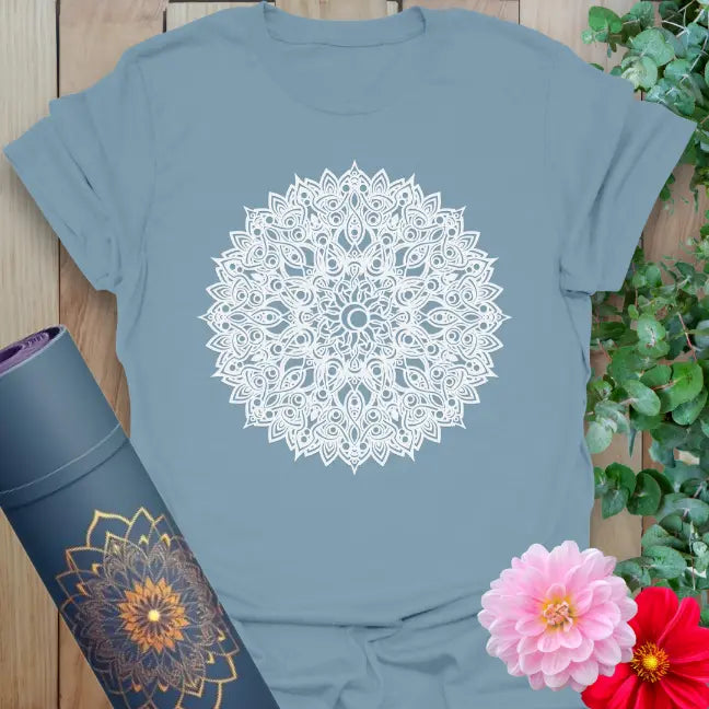 Muted stone blue yoga t-shirt with sacred mandala design inspiring inner peace, unity, and mindful presence.