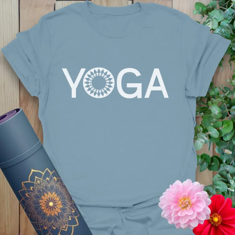 Muted stone blue yoga t-shirt with bold yoga lettering and radiant mandala for spiritual strength and clarity.