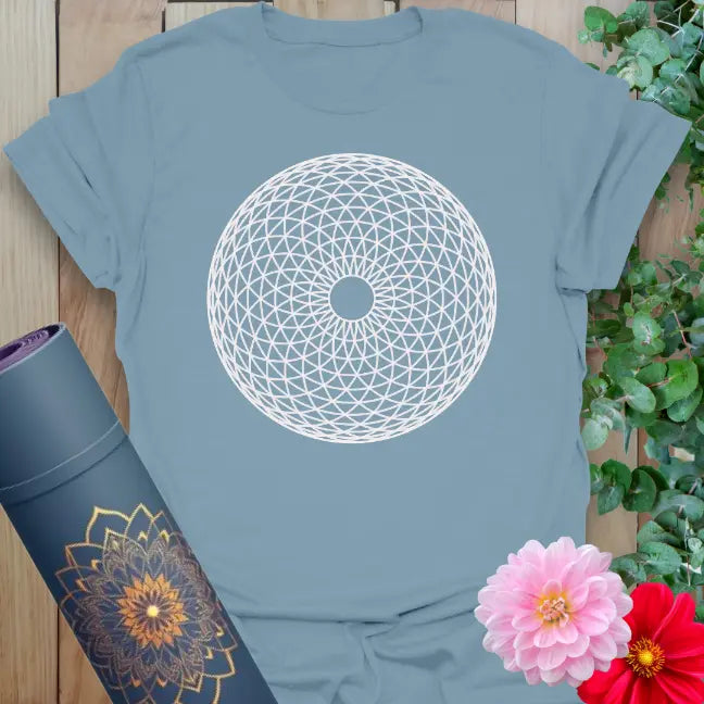 Muted stone blue yoga t-shirt with sacred circular design inspiring soulful focus, intention, and growth.