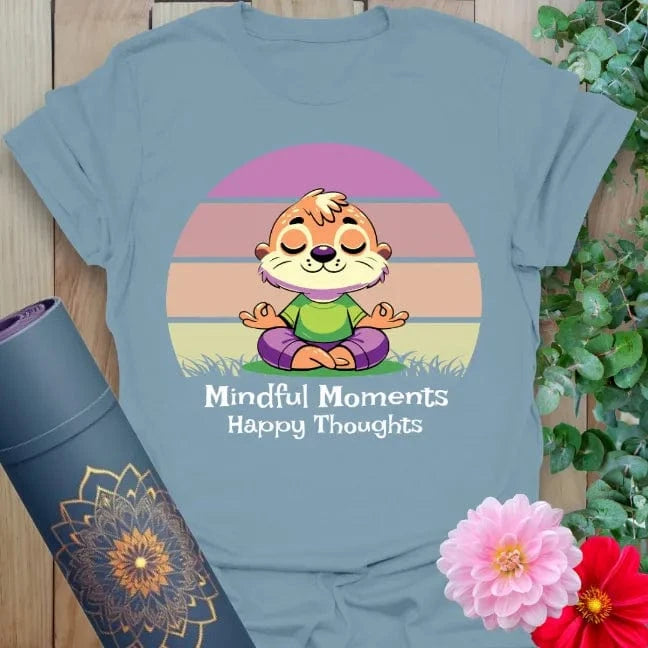 Muted stone blue yoga t-shirt with playful mindfulness artwork inspiring conscious happiness and soulful presence.