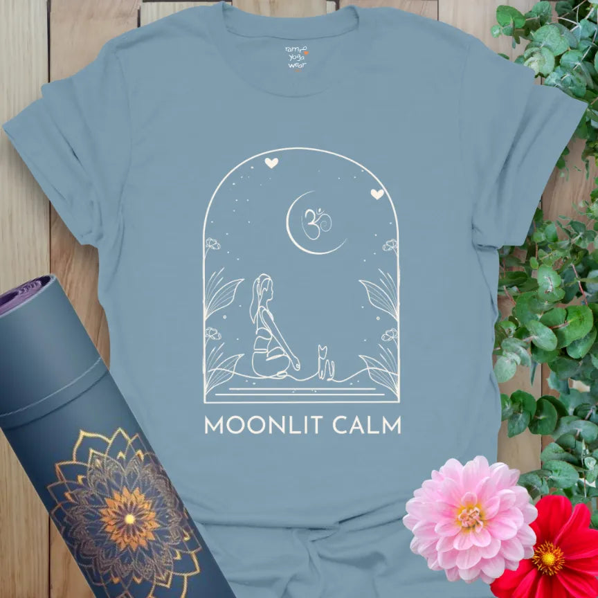 Stone Blue Moonlit T-Shirt with calm nighttime yoga line art — woman and cat under the moon.