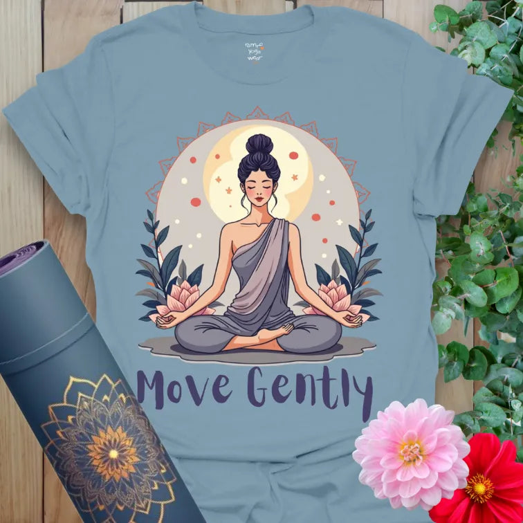 Muted stone blue yoga t-shirt with peaceful yogini and mindful movement affirmation inspiring conscious, graceful living.