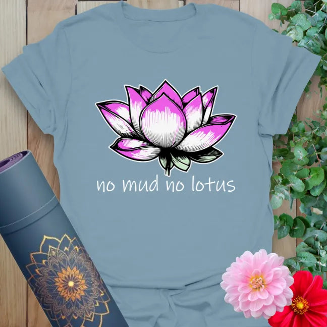 Muted stone blue yoga t-shirt with blooming lotus artwork and resilience quote inspiring soulful, graceful growth.