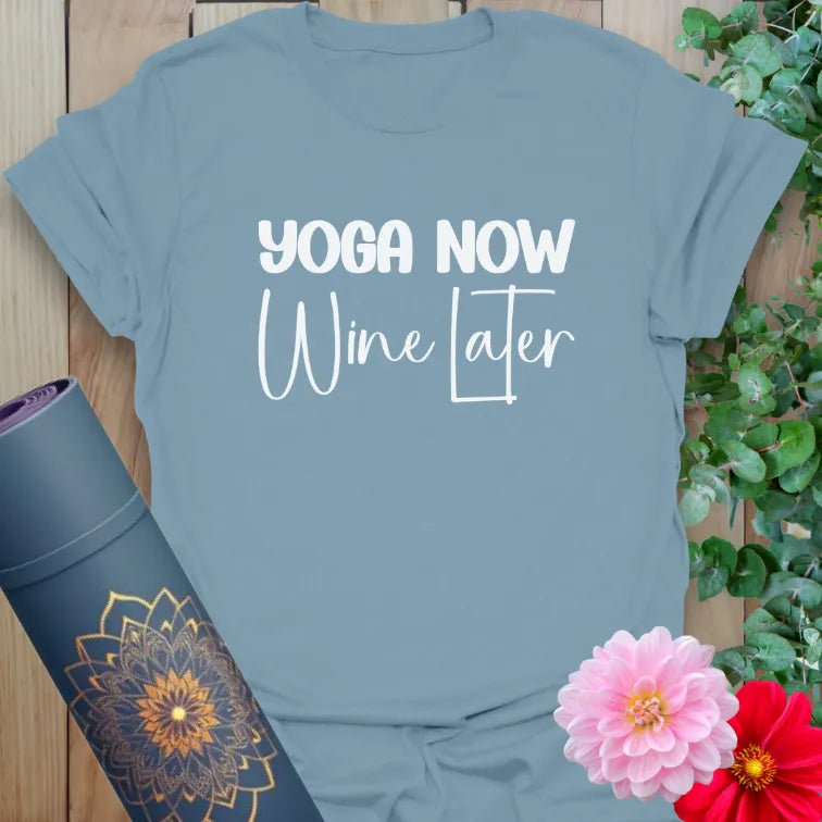 Muted stone blue yoga t-shirt with fun yoga lifestyle quote inspiring conscious joy, movement, and soulful connection.