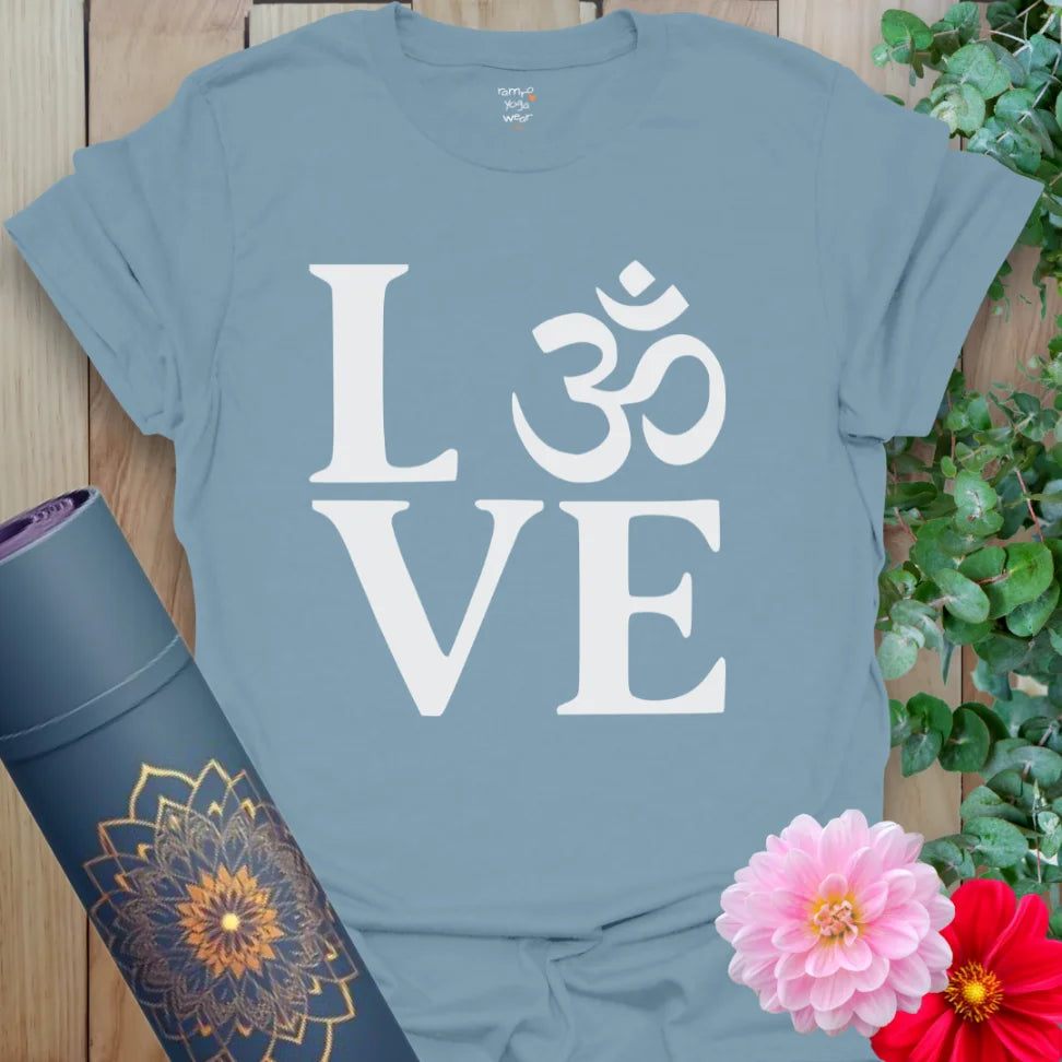 Muted stone blue yoga t-shirt with Om-inspired LOVE design inspiring soulful, conscious connection and mindful movement.