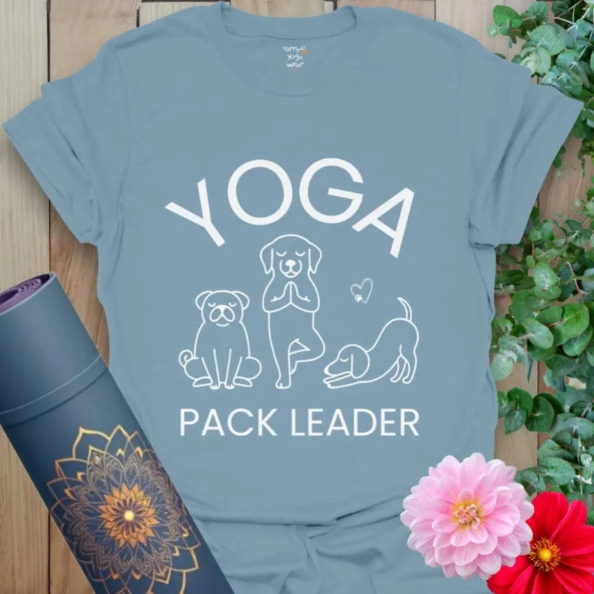 Stone Blue Pack Leader T-Shirt showing playful yoga dog poses. Yoga lifestyle gift for pet parents.
