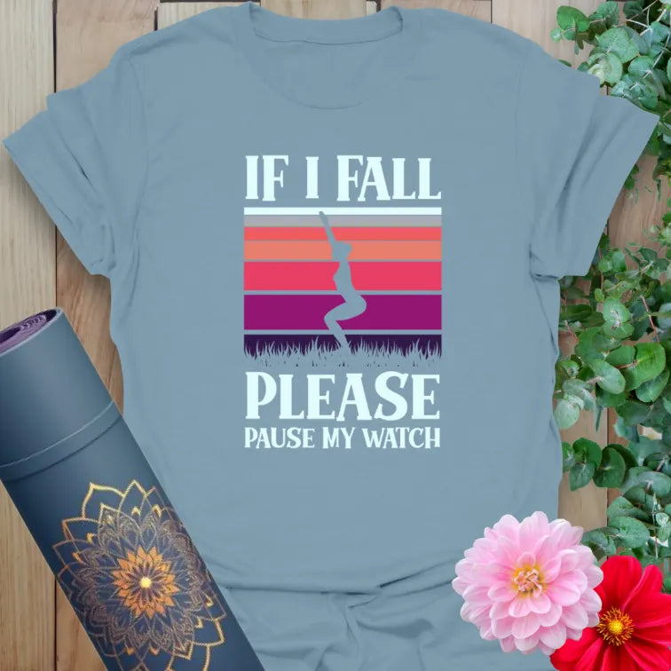 Muted stone blue yoga t-shirt with balancing yogi design and funny fitness message for conscious, joyful movement.