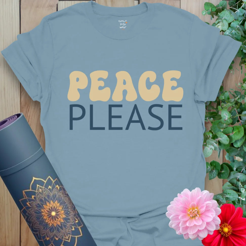 Stone Blue Peace Please T-Shirt with bold contrast font and peaceful tone. A go-to shirt for yoga and chill days.