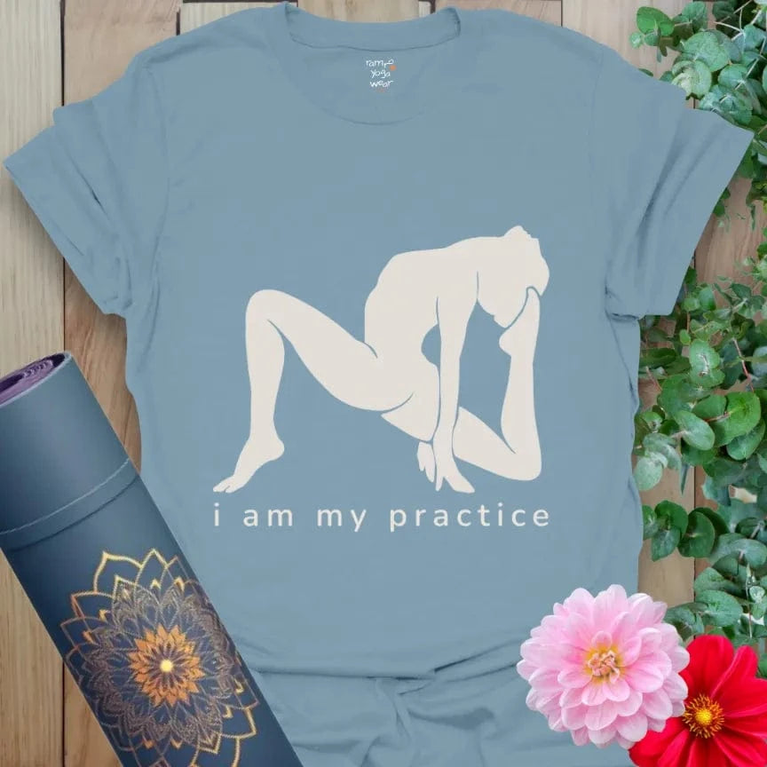 Stone Blue Practice T-Shirt with yoga silhouette and mantra text. Everyday yoga and wellness tee.