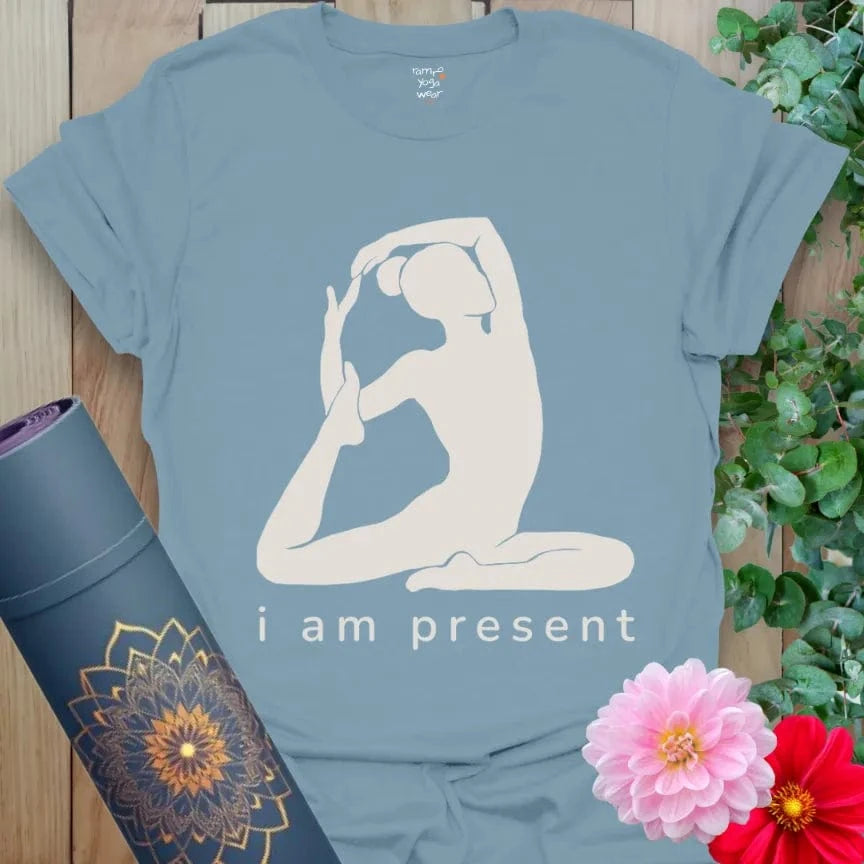 Stone Blue Present T-Shirt with yogi design and mindful text “i am present.” Calm and grounding yoga shirt.