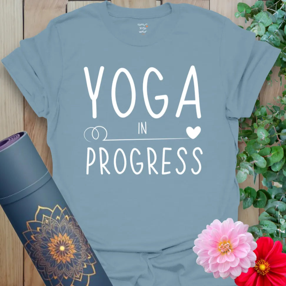 Stone Blue Progress T-Shirt with simple progress statement. Comfortable, flow-ready yoga tee.