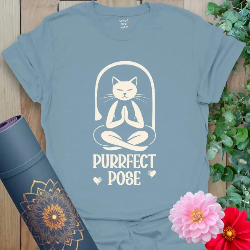 Stone Blue Purrfect Pose T-Shirt with meditating cat in Tree Pose and playful lettering. Cat yoga shirt blending humor and zen.