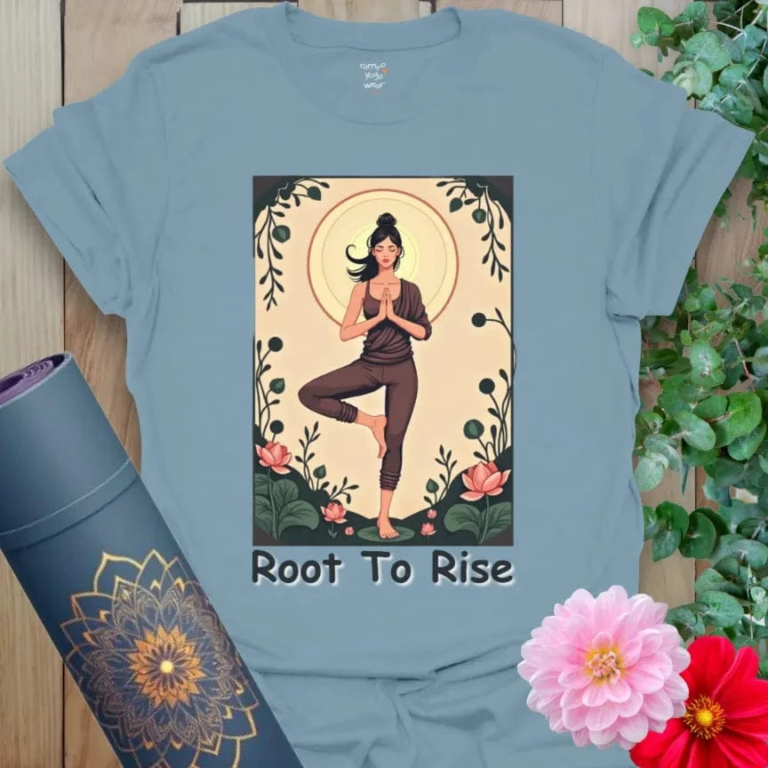 Muted stone blue yoga tee with Tree Pose yogi illustration and conscious growth mantra for centered spiritual wear.