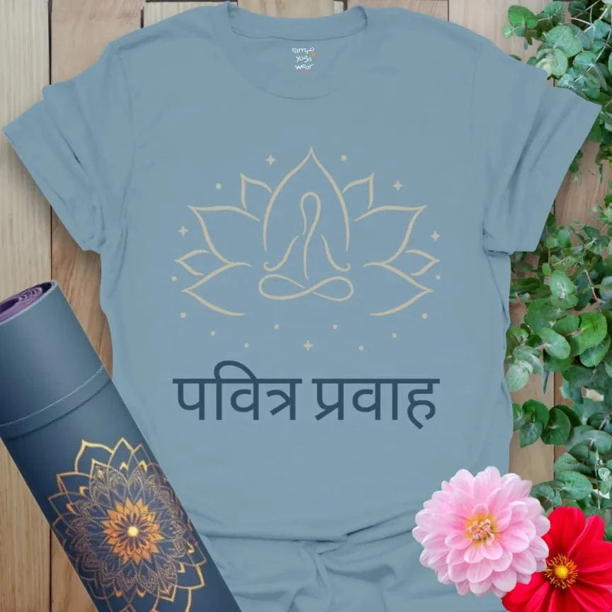 Stone Blue Sacred Flow T-Shirt featuring meditating yogi in lotus design with Sanskrit lettering. Lightweight yoga clothing for peace and spirit.