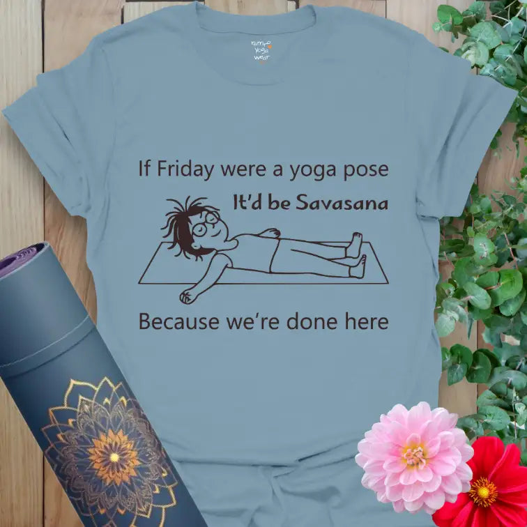 Stone Blue Savasana Friday T-Shirt featuring calm minimalist line art of a yogi resting in Savasana with relaxed hair and serene expression.
