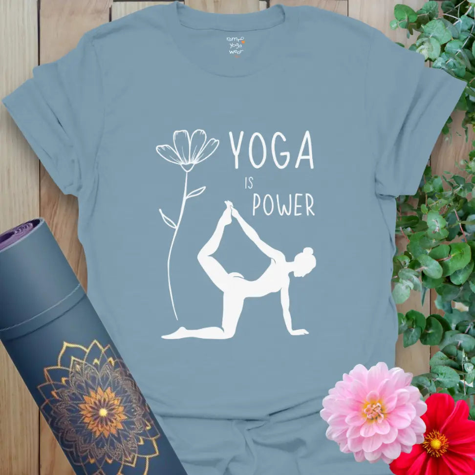 Stone Blue Soft Power T-Shirt showcasing Dancer’s Pose silhouette with flower graphic.