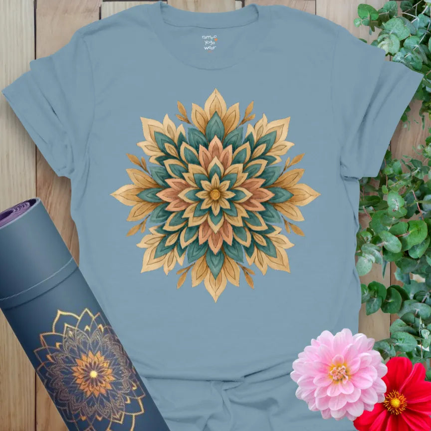 Muted stone blue yoga t-shirt featuring soulful mandala flower for mindful movement, meditation, and spiritual embodiment.
