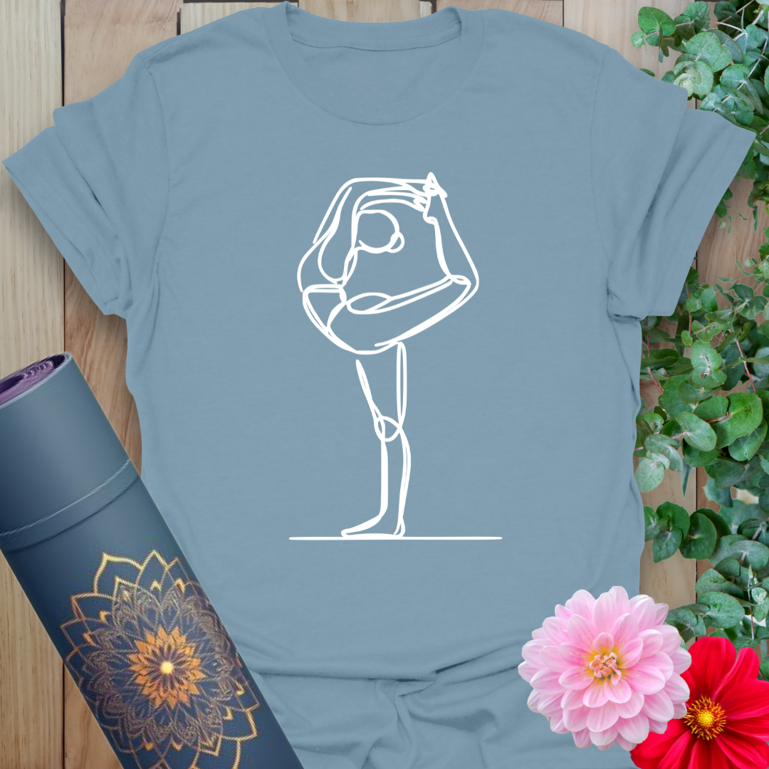 Muted stone blue yoga tee showcasing elegant Standing Bow Pose line art for yoga practitioners and movement lovers.