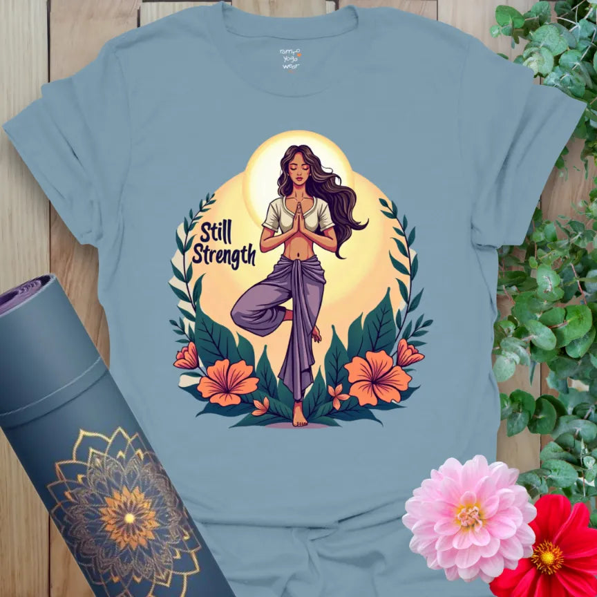 Muted stone blue tee featuring floral Tree Pose goddess and soulful mantra, ideal for spiritual and yoga-inspired streetwear.