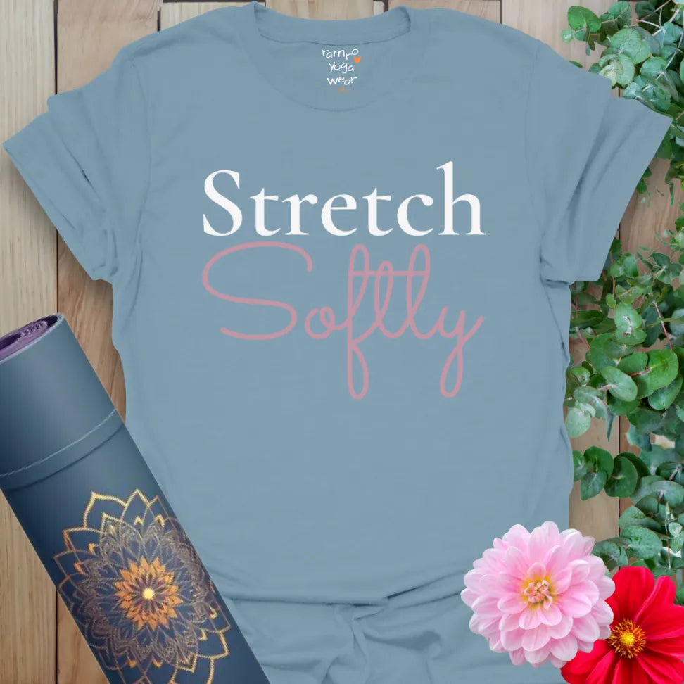 Stone blue yoga tee with white and pink lettering. Designed for mindful movement and moments of soft stillness.