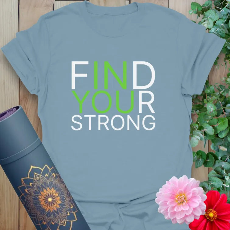 Muted stone blue tee featuring minimalist empowerment message for mindful lifestyle and self-expression.