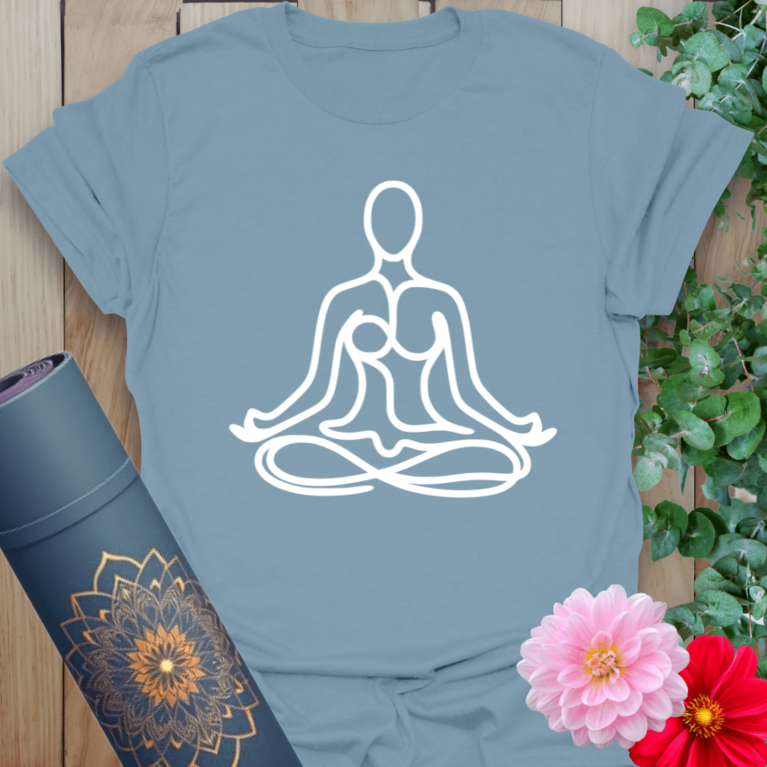 Muted stone blue yoga t-shirt featuring double meditative figure in Sukhasana, perfect for stillness and self-awareness.