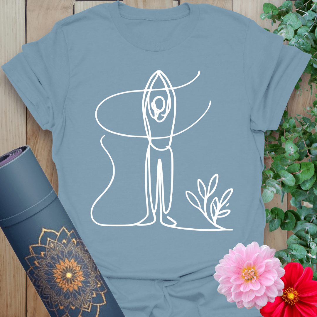 Muted stone blue yoga t-shirt with one-line yogi design in standing pose for inner alignment and rooted calm.