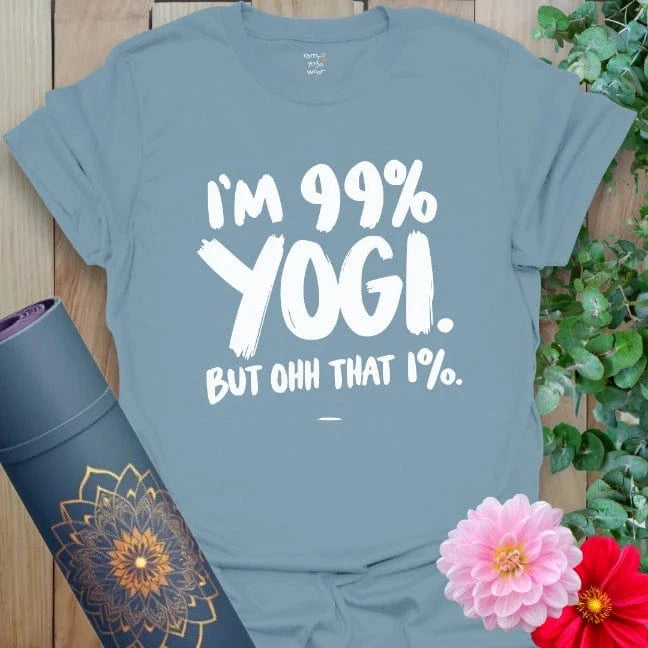 Muted stone blue yoga t-shirt with eye-catching quote design for yogis who own both their calm and their spice.