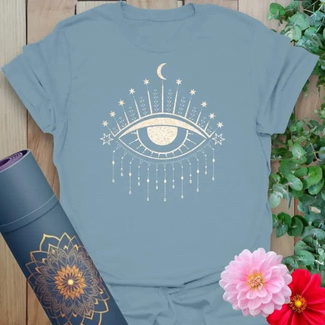 Muted stone blue yoga tee featuring intricate celestial eye and star detailing, perfect for inner vision and spiritual style.