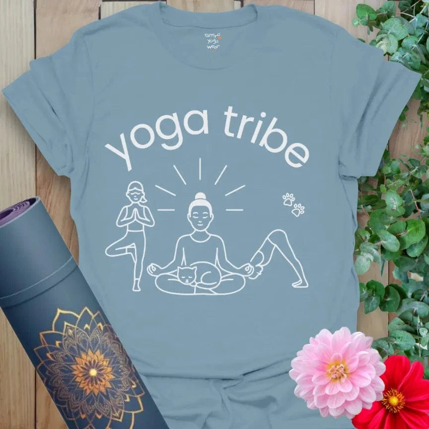 Stone Blue Tribe T-Shirt featuring serene yoga tribe illustration. Perfect yoga lifestyle shirt and yoga gift.