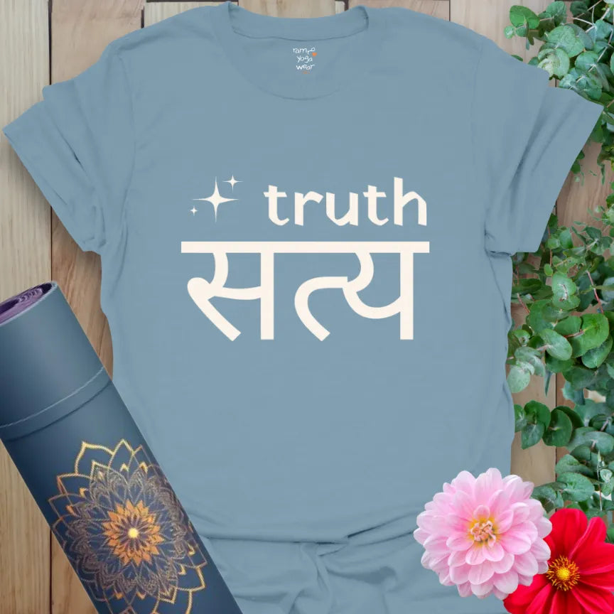 Stone Blue Truth T-Shirt with cream graphic spelling “truth” and “सत्य.” Comfortable, soulful, and perfect for daily wear.