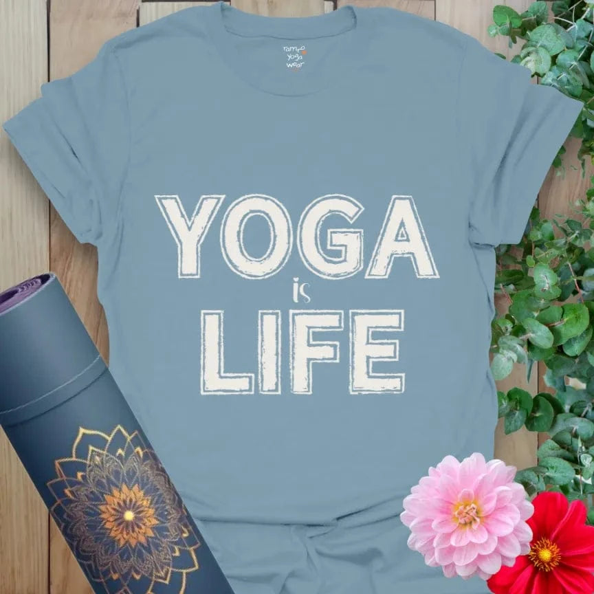 Stone Blue Yoga Life T-Shirt featuring bold block letters "Yoga is Life." Comfortable mindful living tee for yogis and wellness lovers.