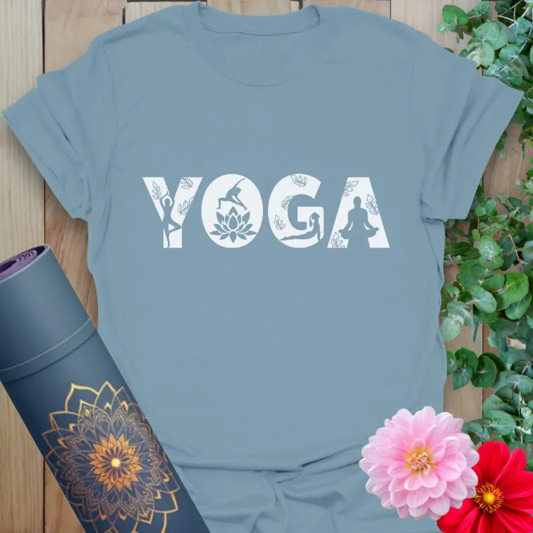 Muted stone blue t-shirt with bold wordmark design filled with yoga poses for a wearable movement mantra.