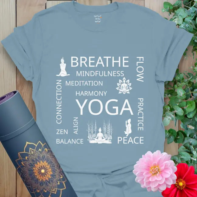 Stone Blue Yogi State T-Shirt with creative yoga typography and meditative figure design.