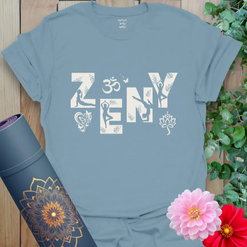 Stone Blue Zeny T-Shirt filled with yoga postures, Om sign, and nature-inspired elements. A flowing tribute to daily practice.