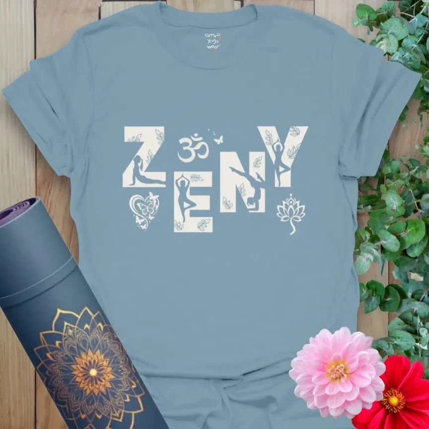 Stone Blue Zeny T-Shirt filled with yoga postures, Om sign, and nature-inspired elements. A flowing tribute to daily practice.