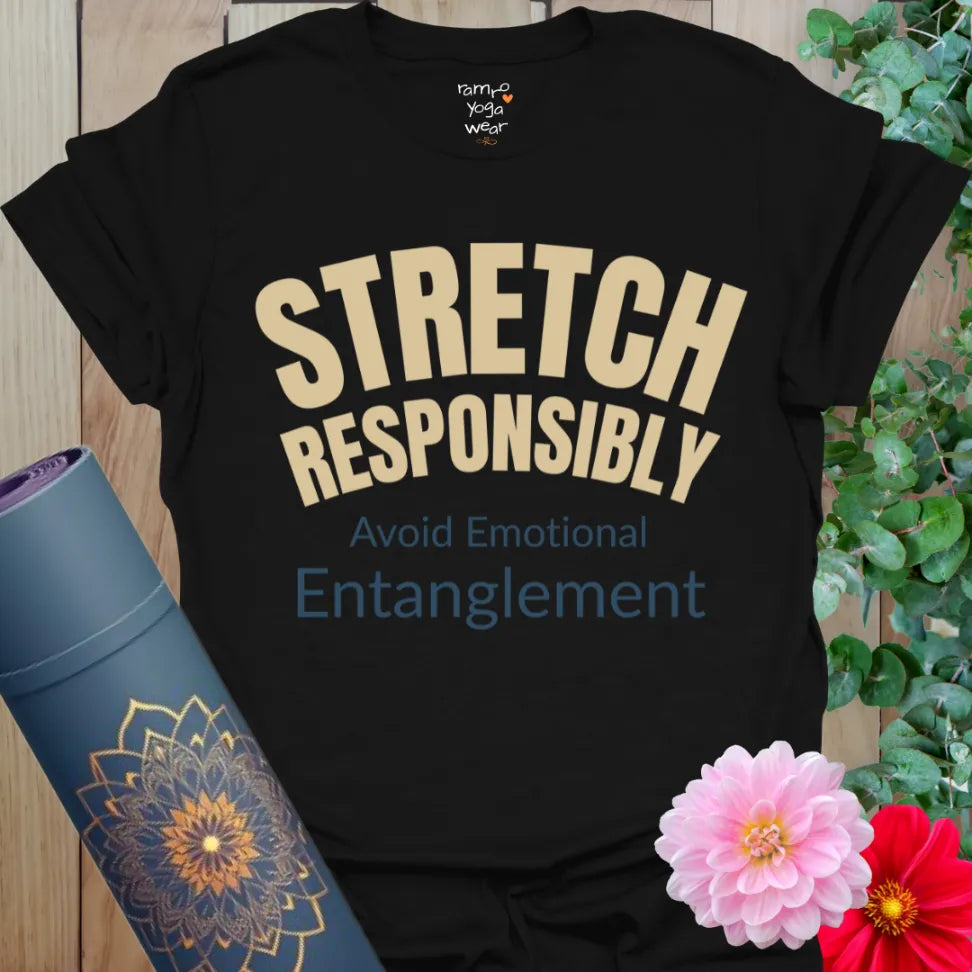 Black Stretch Responsibly T-Shirt with arched block lettering and cheeky subtext. Bold yoga shirt with streetwear edge.