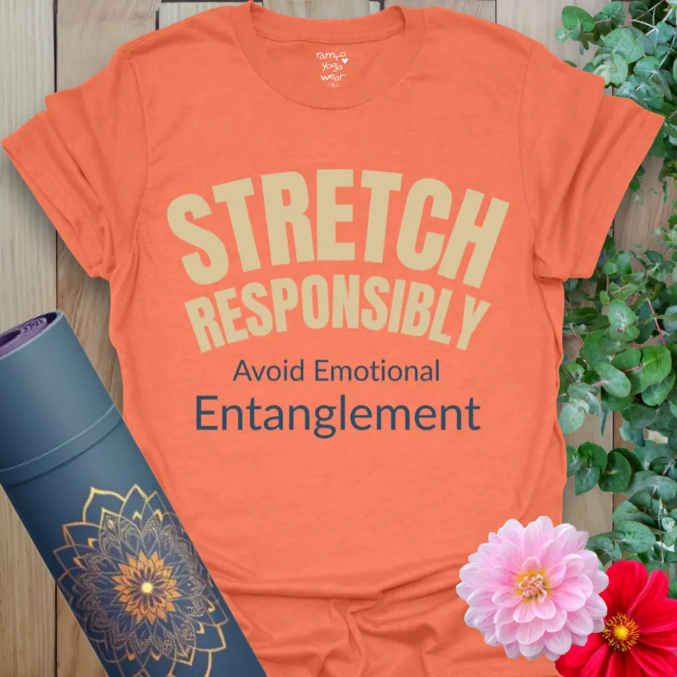 Heather Orange Stretch Responsibly T-Shirt with collegiate-style font and playful yoga quote. Unisex activewear tee.