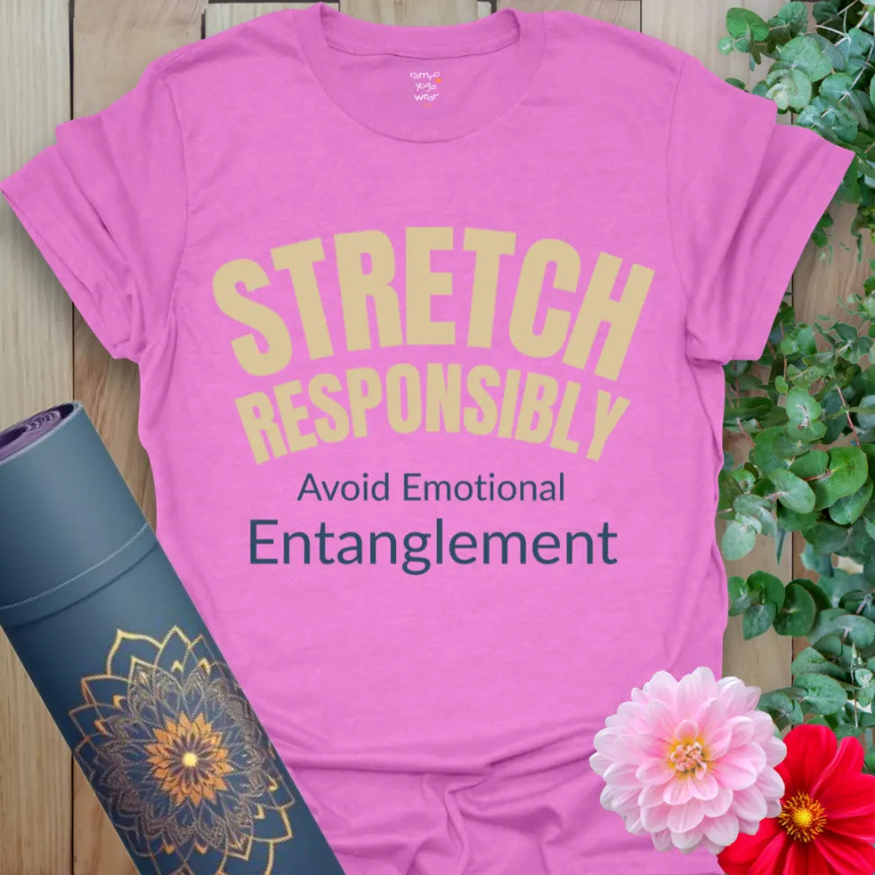Stretch Responsibly T-Shirt in Heather Radiant Orchid with fun, punchy message. Great gift for yoga lovers and flexible friends.