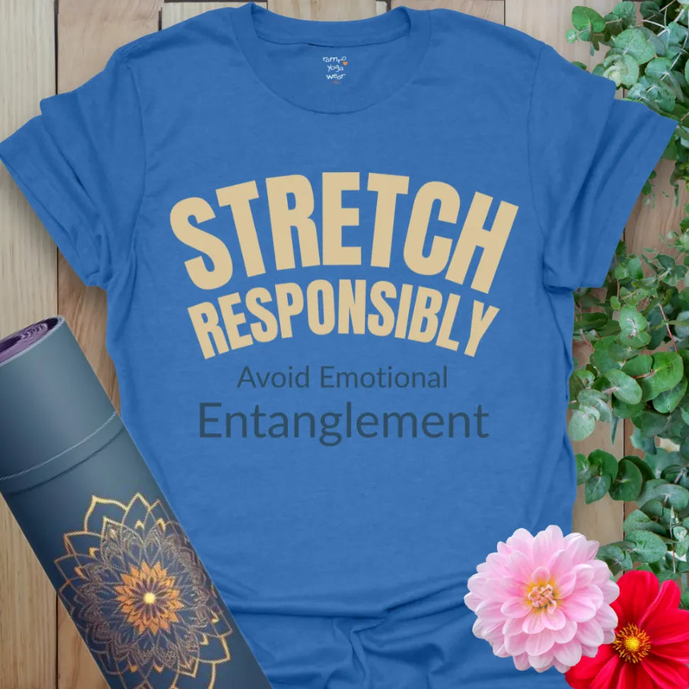 Heather Royal Stretch Responsibly T-Shirt with bold stacked design. Funny yoga tee made for breath, balance, and movement.