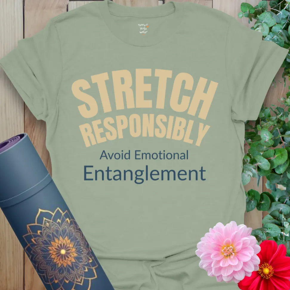Sage Stretch Responsibly T-Shirt with collegiate arch and witty tagline. Lightweight unisex shirt perfect for studio to street.