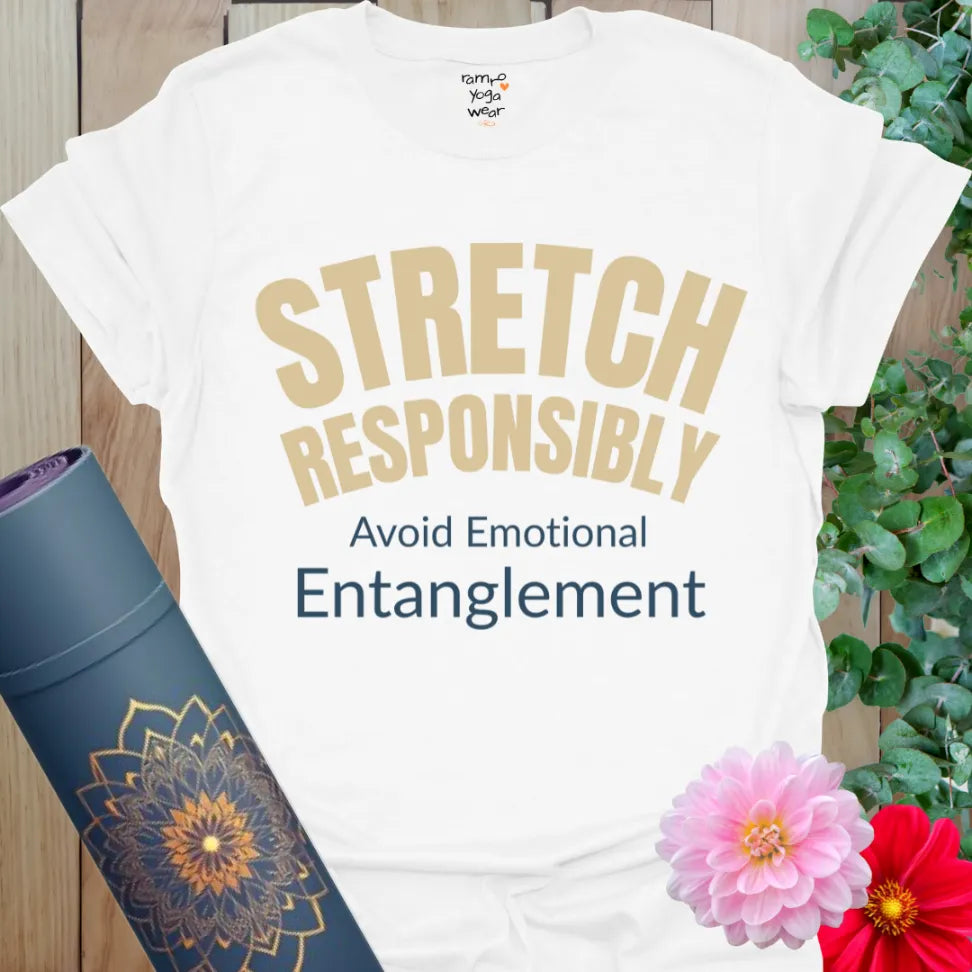 White Stretch Responsibly T-Shirt with high-contrast lettering and relaxed fit. Bold yoga mantra for everyday wear.