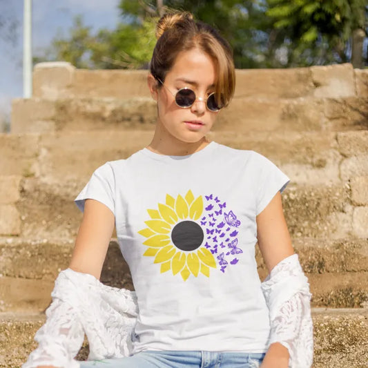 Woman wearing Sunflower T-Shirt White sacred yoga shirt outdoors wearing sunglasses — The Vault collection by Ramro Yoga Wear